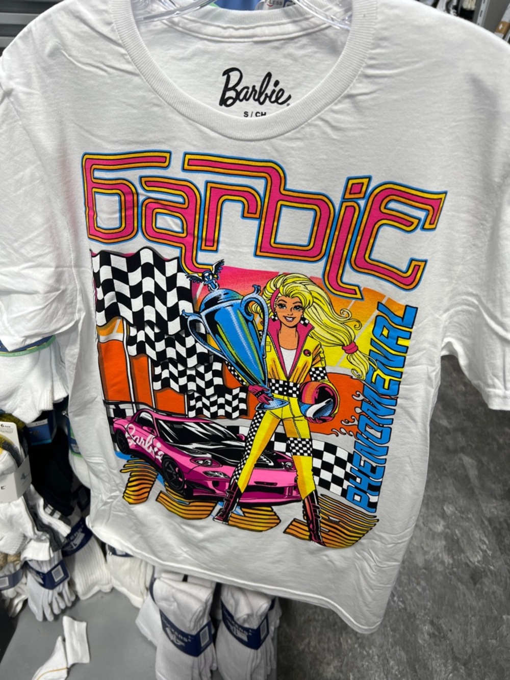 Barbie White Tee with Neon Pink, Yellow & Blue Racing Graphic NWOT